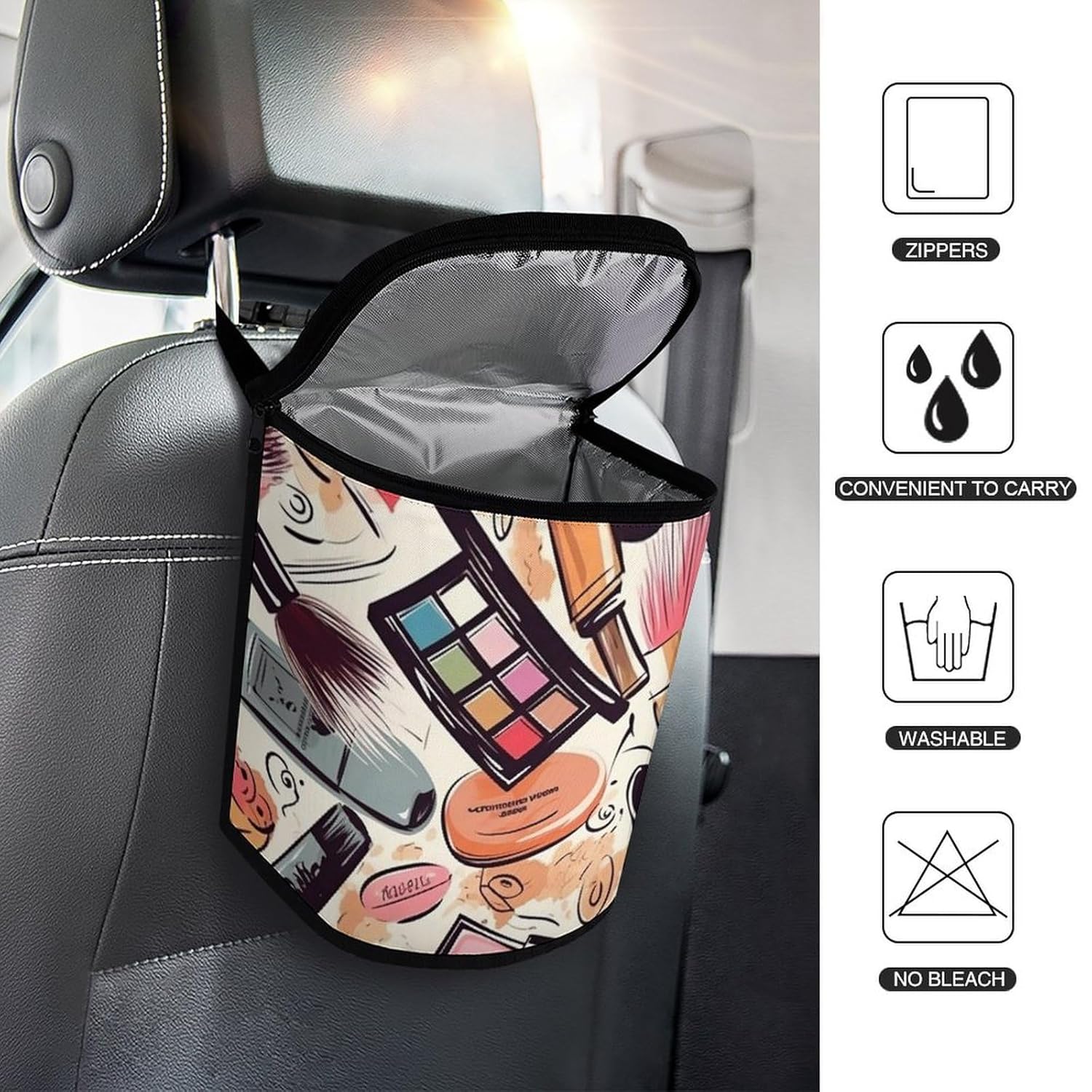 Hanging Car Trash Bag Cosmetic and Makeup Theme Pattern Printed Car Garbage Storage Bag Leakproof Car Trash Can Portable Garbage Storage Bags