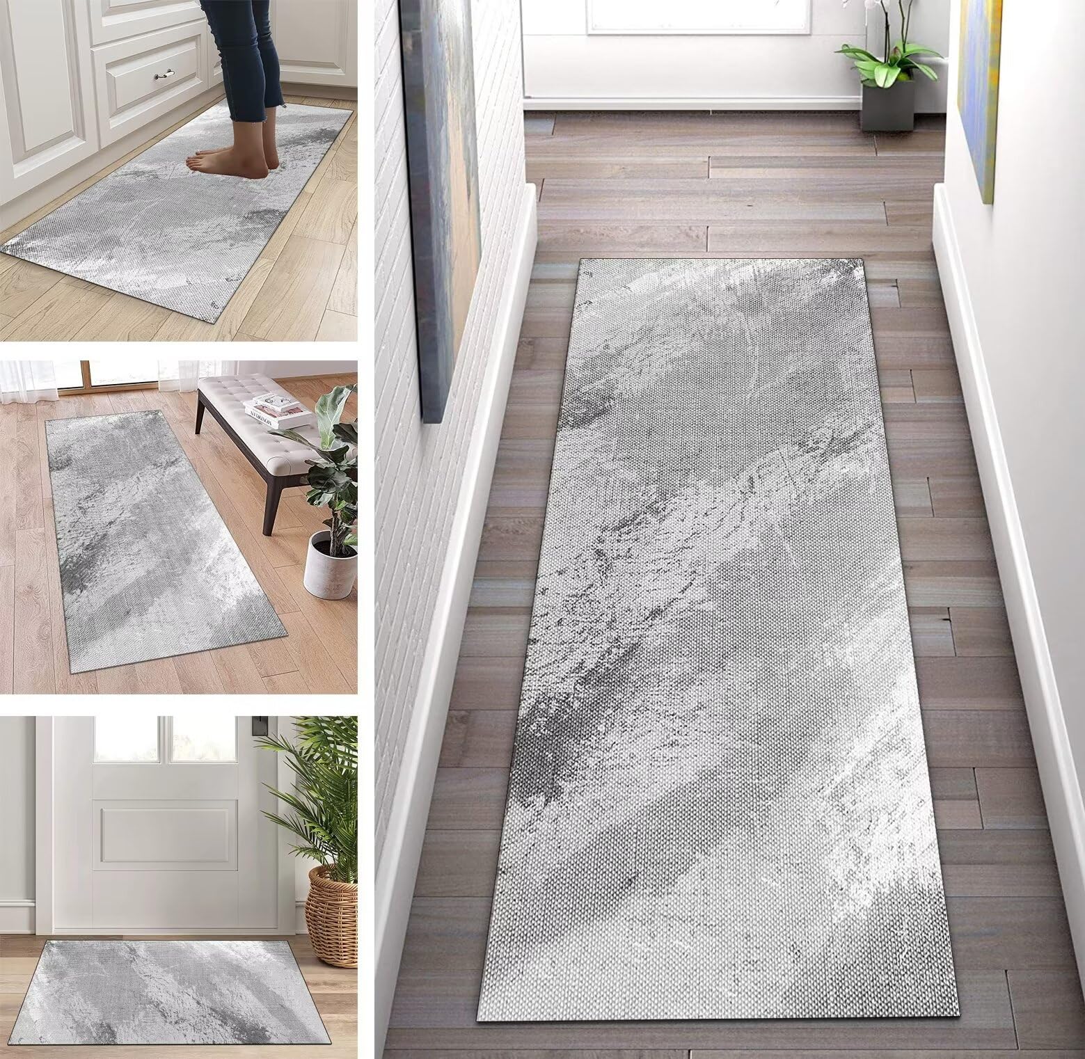 Läufer Teppich Flur Küche Grauer Teppich rutschfest 120x450cm Küchenläufer Teppichmatten Waschbar Korridor Teppichläufer Küchenteppich Schlafzimmer Esszimmer Polyester Meterware Anpassbar