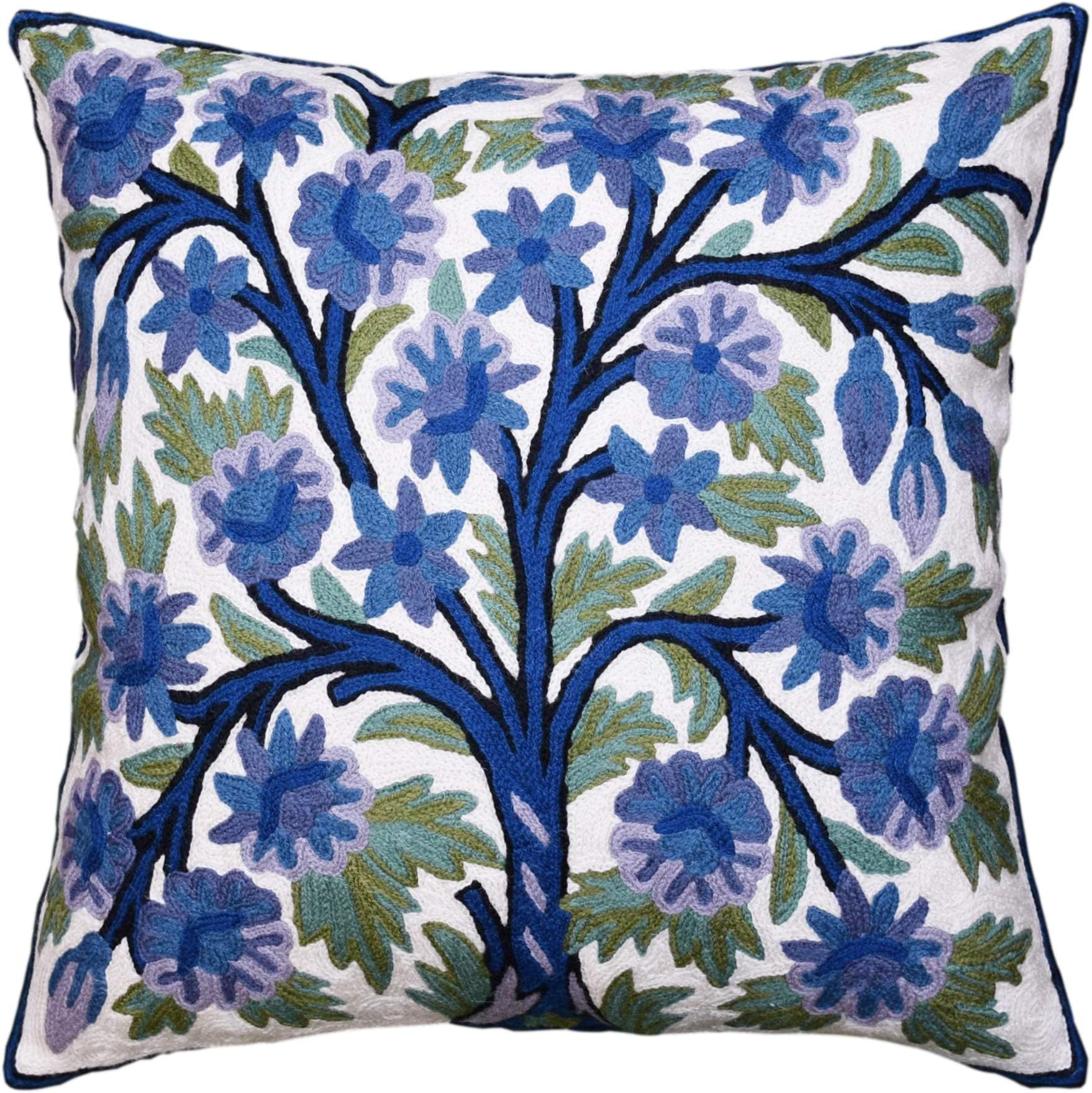 Kashmir Designs Blue Tree of Life Pillow Cover Indigo Plant Floral Pillowcase Needlepoint Botanical Flower Suzani Cushions Traditional Boho Modern Floral Cushion Wool Size - 18x18