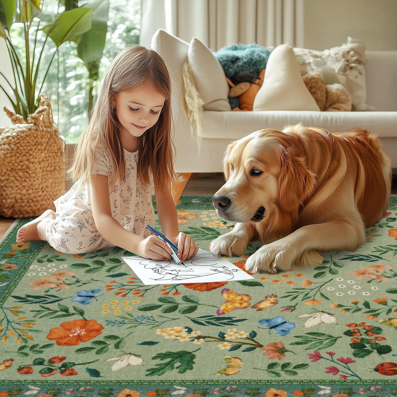 MAST DOO Teppich Wohnzimmer Waschbarer 140x200cm, Boho Blumen Kurzflor Wohnzimmerteppich Groß Teppich für Esszimmer Schlafzimmer Büro, Waschbar rutschfest Teppiche Blumen Design Carpet, Grüne