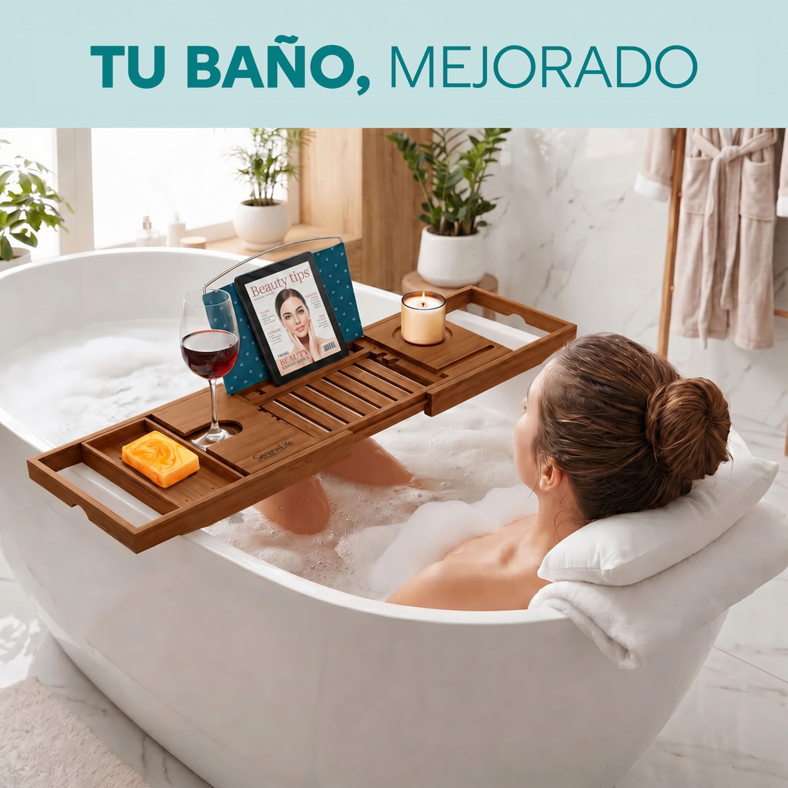 SereneLife Bandeja bañera, Bambu, Extensible, Ajustable, Soporte para Copa de Vino, Libro, Movil, Tablet