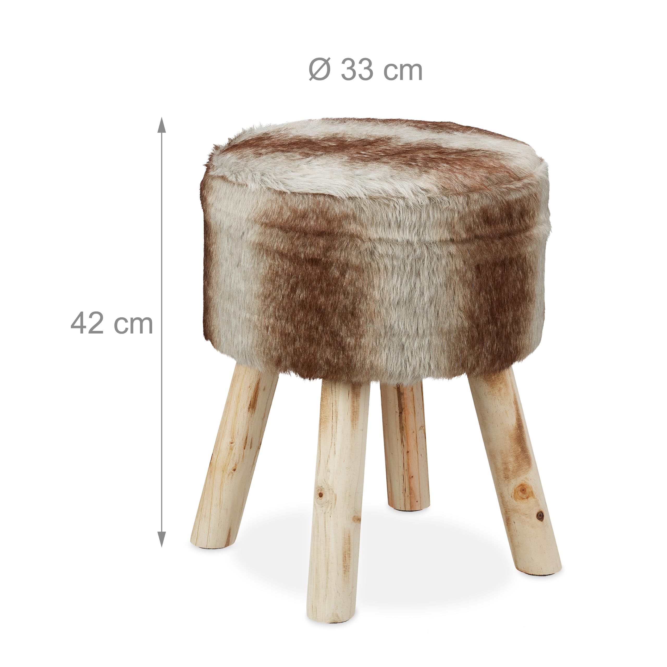 Relaxdays Tabouret de Fourrure, décoration, synthétique, siége avec Pieds en Bois, Rustique HxD 42x33x 45 cm,Gris-Brun