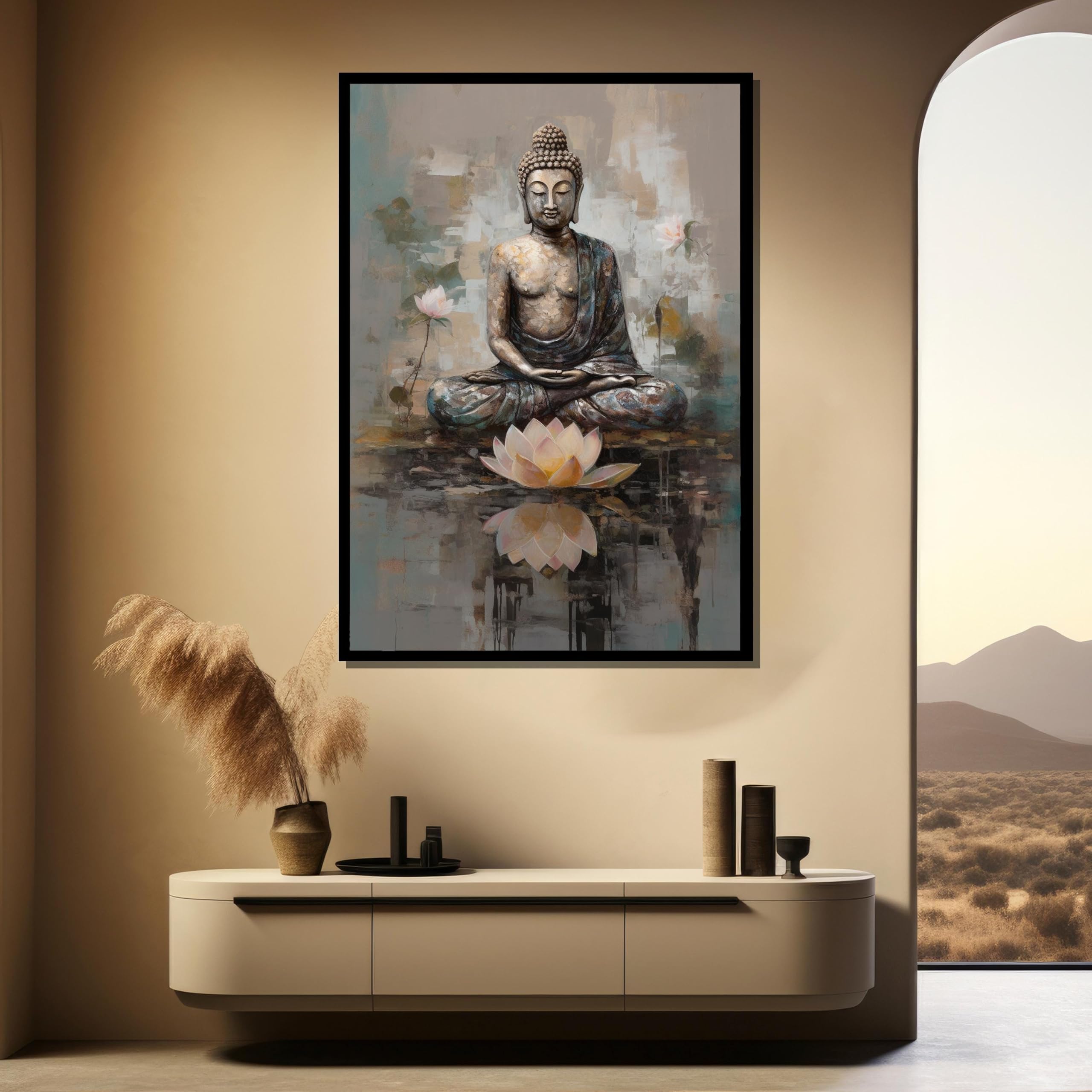 XINBAO Calm Meditative Buddha obraz na płótnie, gotowy do powieszenia, plakaty Zen, boho, odbicie, dekoracja na płótnie, sztuka ścienna (80 x 120 cm)