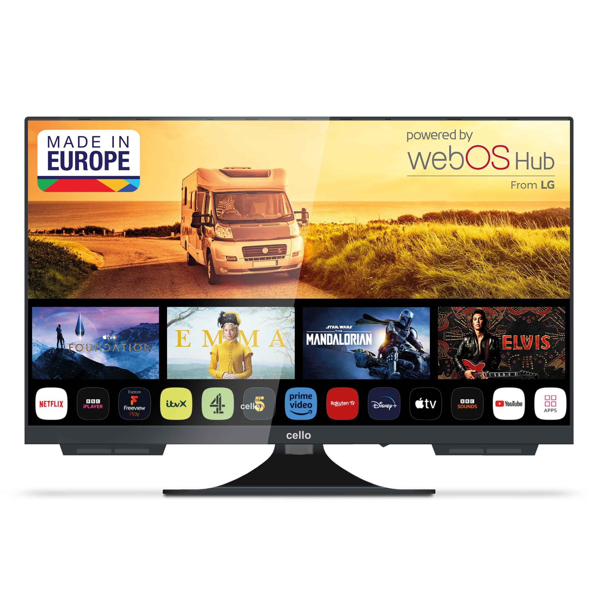 Cello C2424WS 24 Zoll 12V / 12 Volt Smart Fernseher für Wohnmobil & Wohnwagen, Camping Fernseher mit WebOS, Netflix, Bluetooth, DVB-T2 HD/DVB-S2 Triple-Tuner