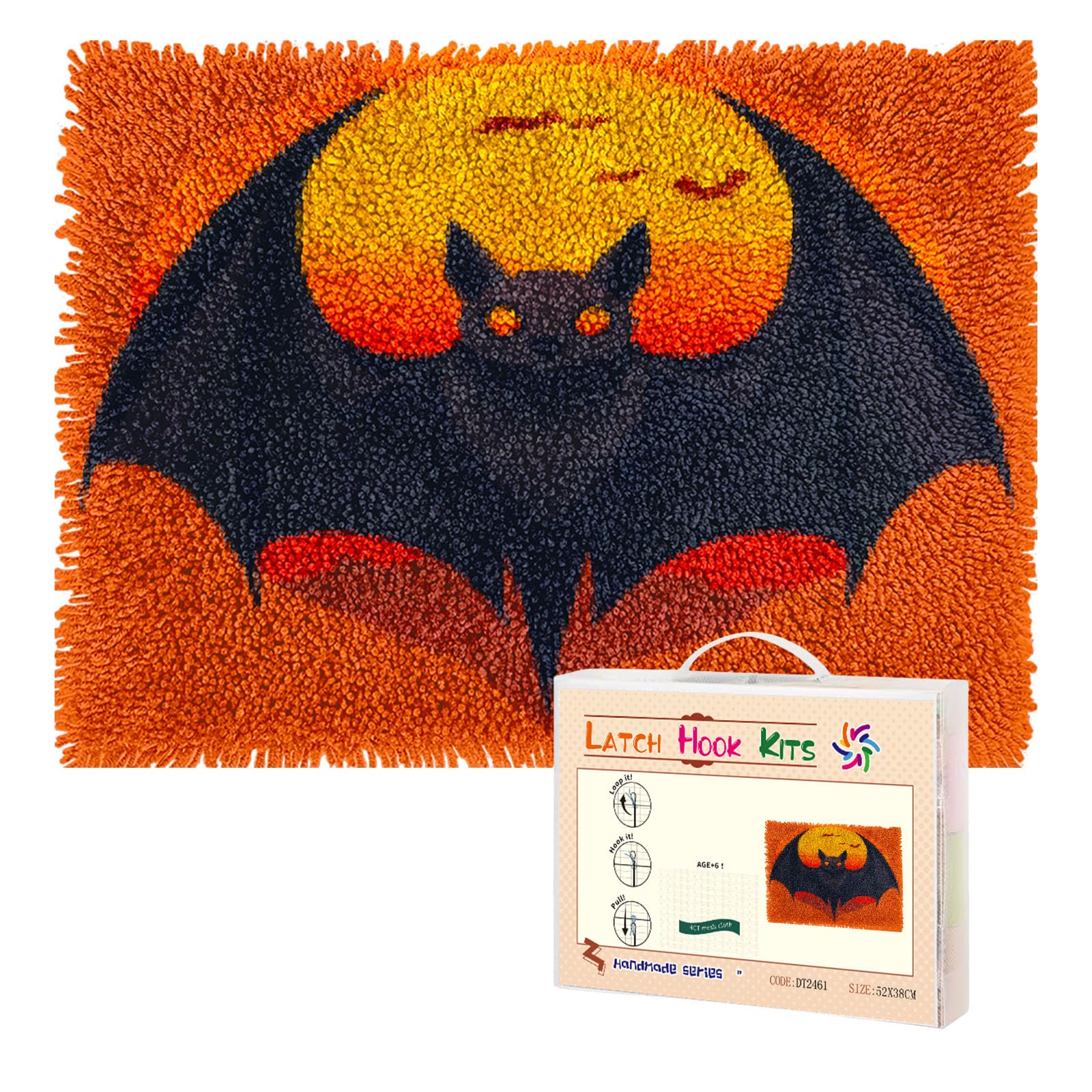 Halloween Latch Hook Rug Kit - Orange Tree Moon Pumpkin Design DIY Needle Crochet 50x50cm