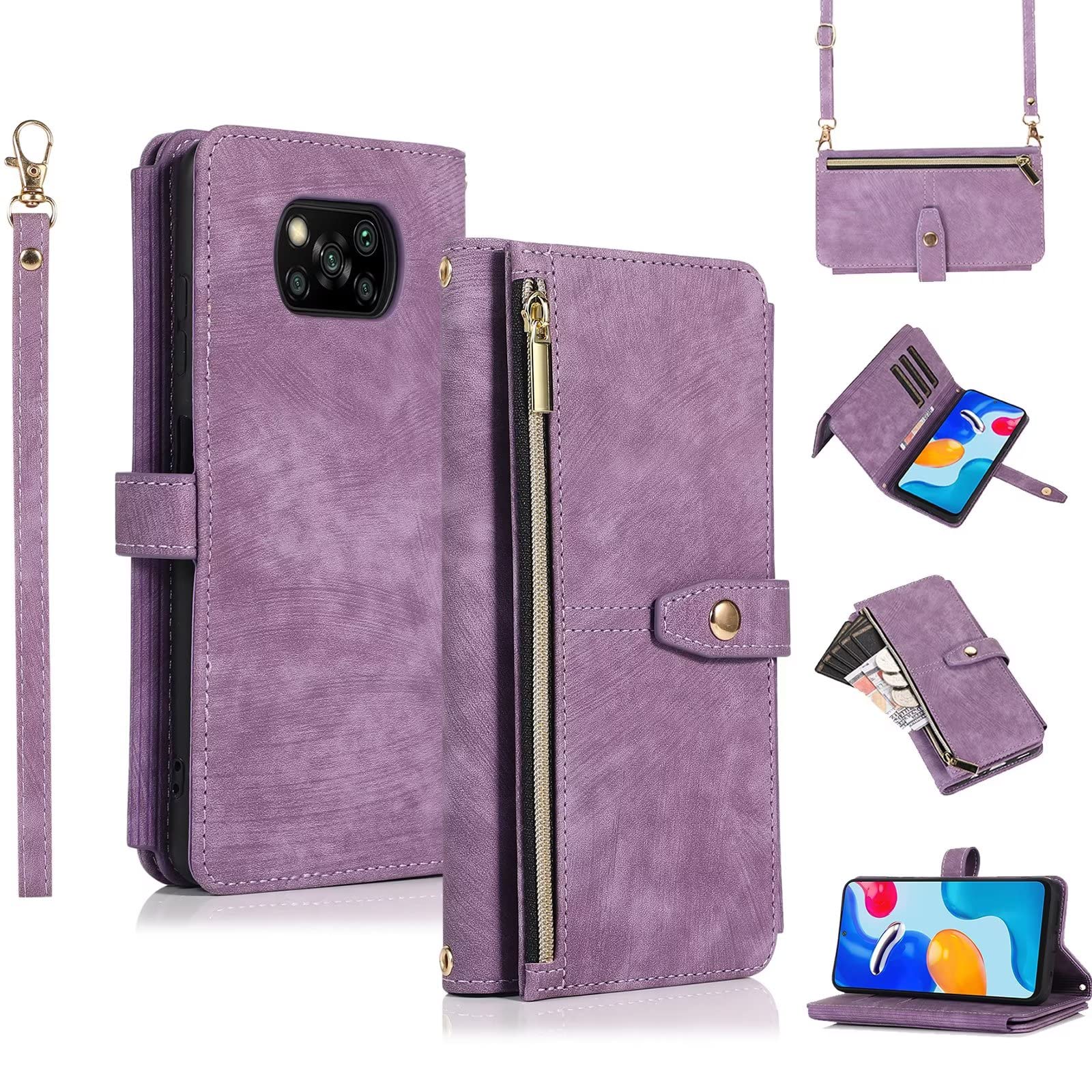 ESONG Klapphülle Für Xiaomi Poco X3/X3 Pro/X3 NFC – Mit 9 Kartenfächern, Magnetverschluss & Abnehmbarem Gurt (PU Leder)