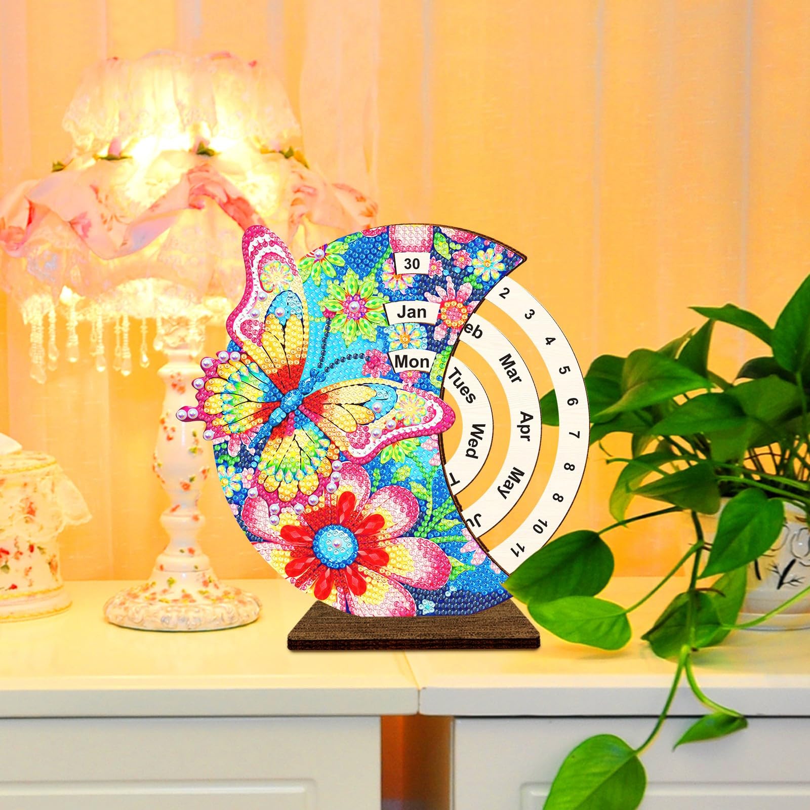 KookuLEE Kit Calendario Perpetuo Fai Da Te Con Pittura A Diamanti 5D - Girasoli E Paesaggio Elfo In Legno, Ornamento Da Tavolo Rotante Con Diamanti Di Resina