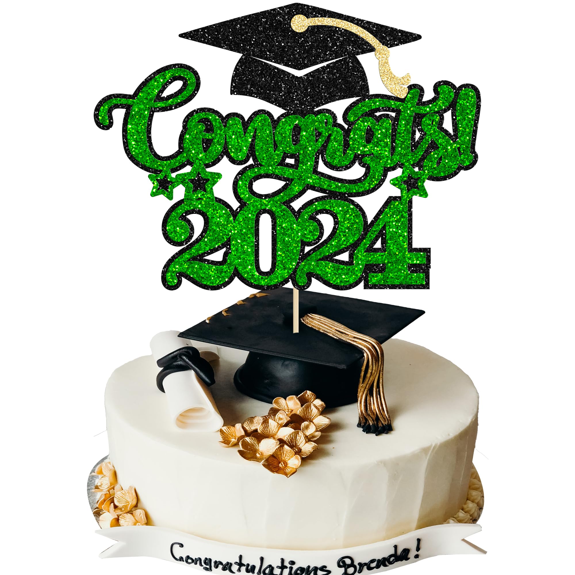 Gyufise 1Pcs Congrats 2024 Cake Topper Glitter Diploma Grad Cap Cake Pick Class of 2024 Graduation Cake Decoration for 2024 Graduation Theme Party Decorations Supplies Green