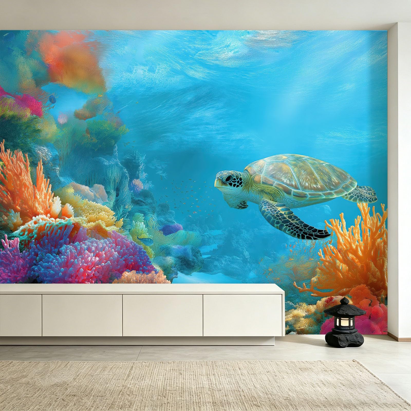 Panoramiczna tapeta 3D fantazyjne stworzenia ozean plakat ścienny, zwierzęta żółw morze rafa koralowa ławka ryba tapeta z włókniny do salonu pokoju dziecięcego i biura Sofa tło telewizora 350 x 256 cm