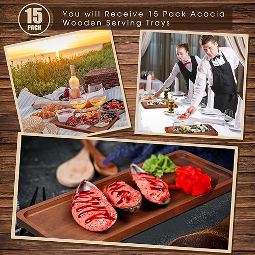 Miniatura 4 de Skylety Paquete de 15 bandejas de madera maciza para servir grandes de acacia para fiestas, tablero rectangular de charcutería con mango ranurado