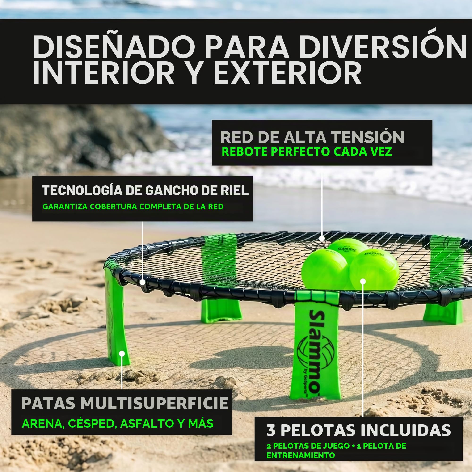 GoSports Slammo Game Set (Incluye 3 Pelotas, Funda de Transporte y Reglas, Idioma español no garantizado) - Juego de Red Redonda para césped al Aire Libre, Playa y portón Trasero
