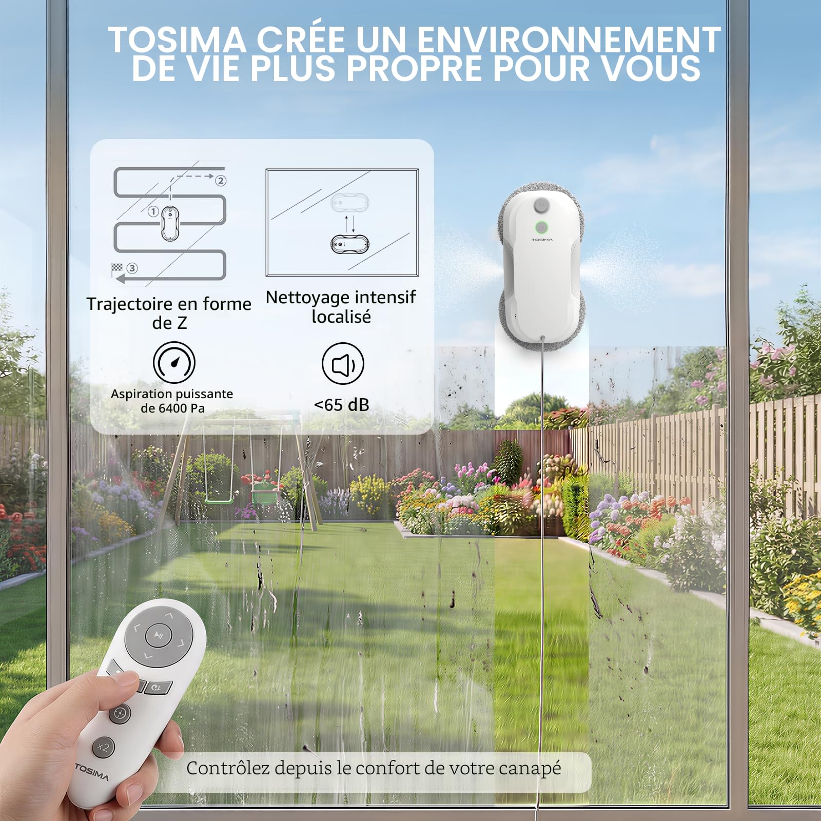 Tosima W5 Pro 6400 Pa Robot Laveur de Vitre, Double Pulvérisation d'eau Ultrasonique, Nettoyeur de Vitre Automatique, Télécommande, 20 Chiffons en Microfibre (Blanc Pur)