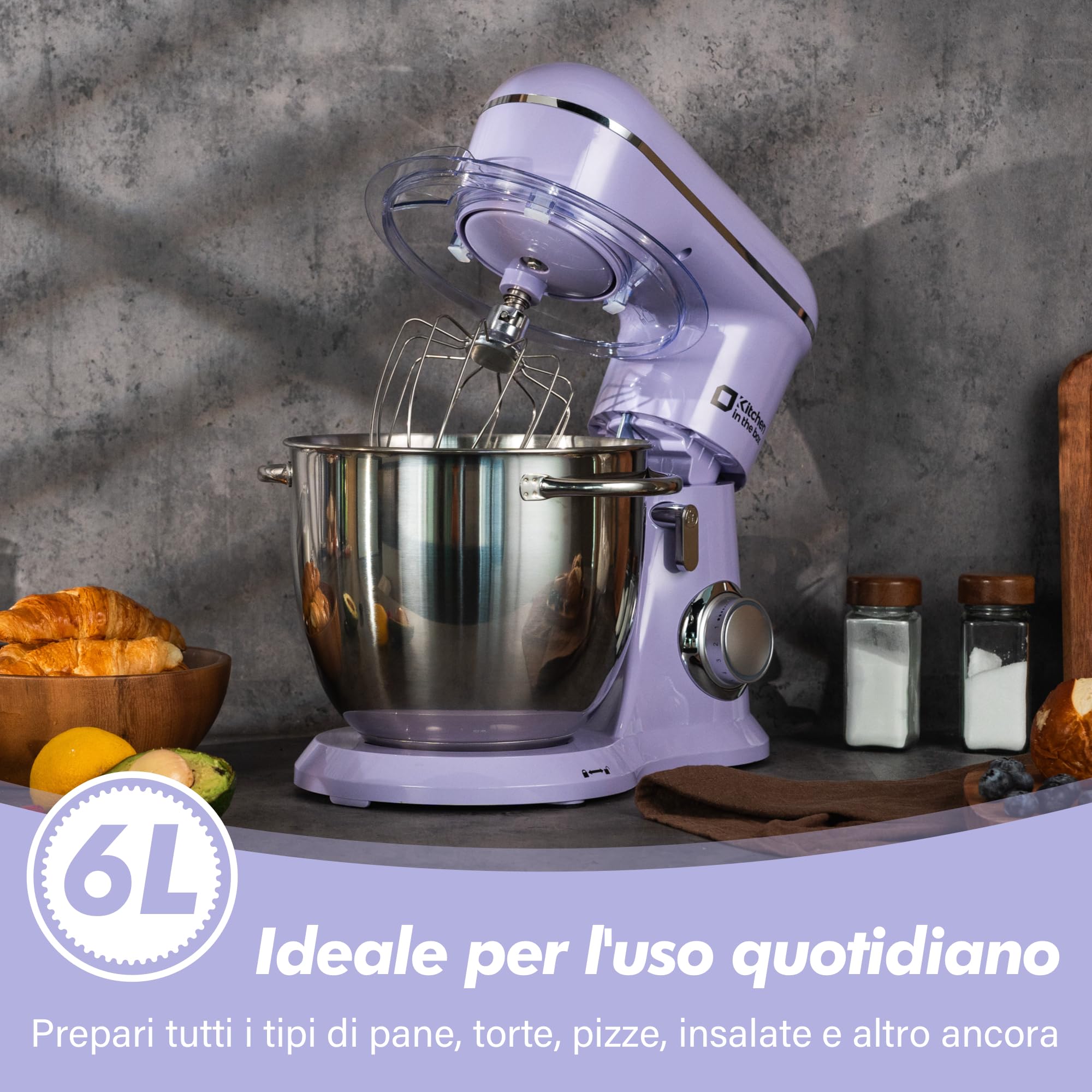 Kitchen in the box Impastatrice Planetaria, 6L Planetaria Professionale 1400W, 10 Velocità con Uncino Impastatore, Mescolatore e Frusta Sbattitrice (Viola)