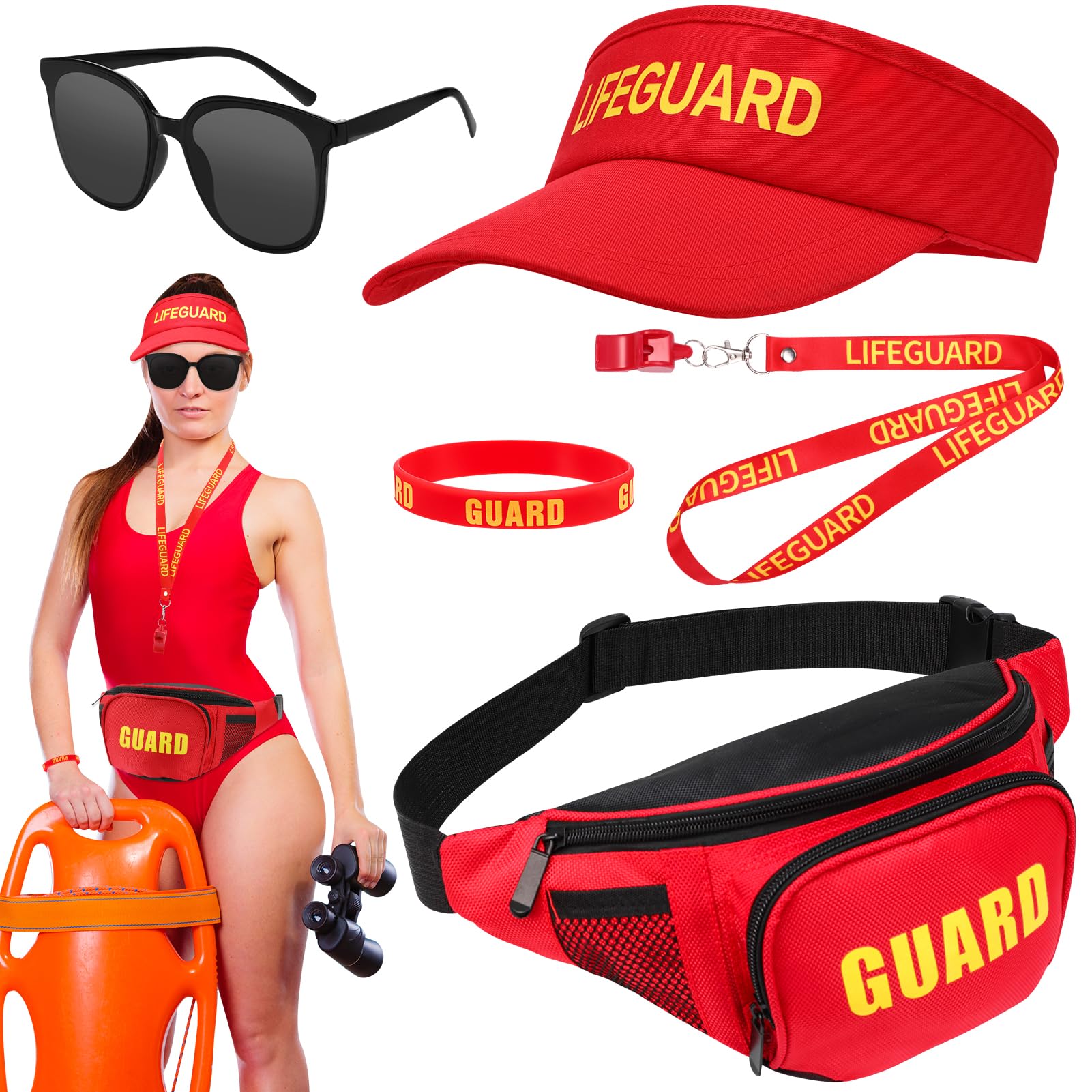 5 PCS Life Guard Costume Accessories KIt Include Life guard Hat Waist Pack Whistle Sunglasses Wristband Life guard Fancy Dress for Adult Women Men Beach Poor Halloween Cosplay Party