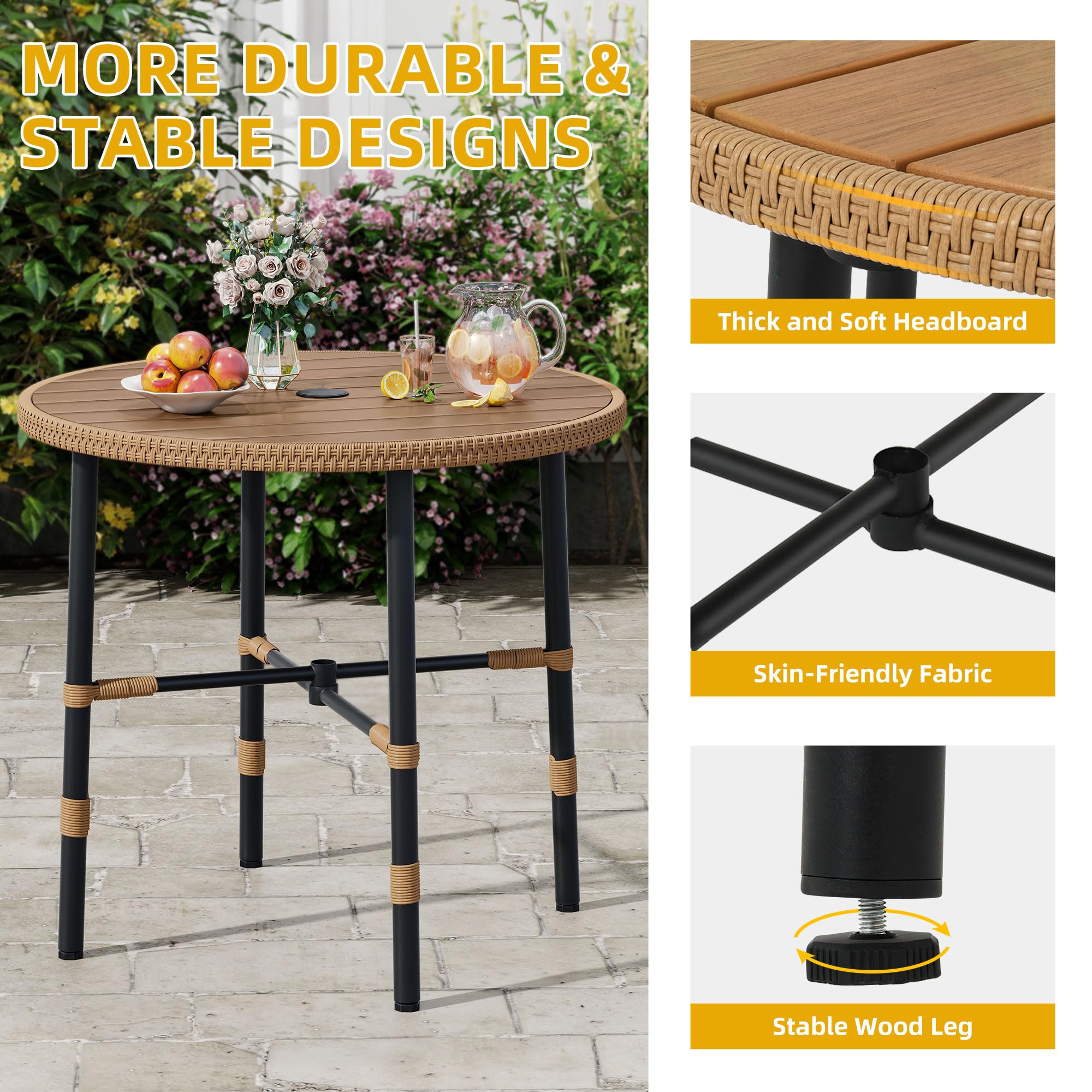 Mesa de comedor redonda para 4 mesas de 35.4 pulgadas con agujero para sombrilla y niveladores ajustables, mesa de bistró para todo tipo de clima con marco de metal para césped, jardín, patio 3