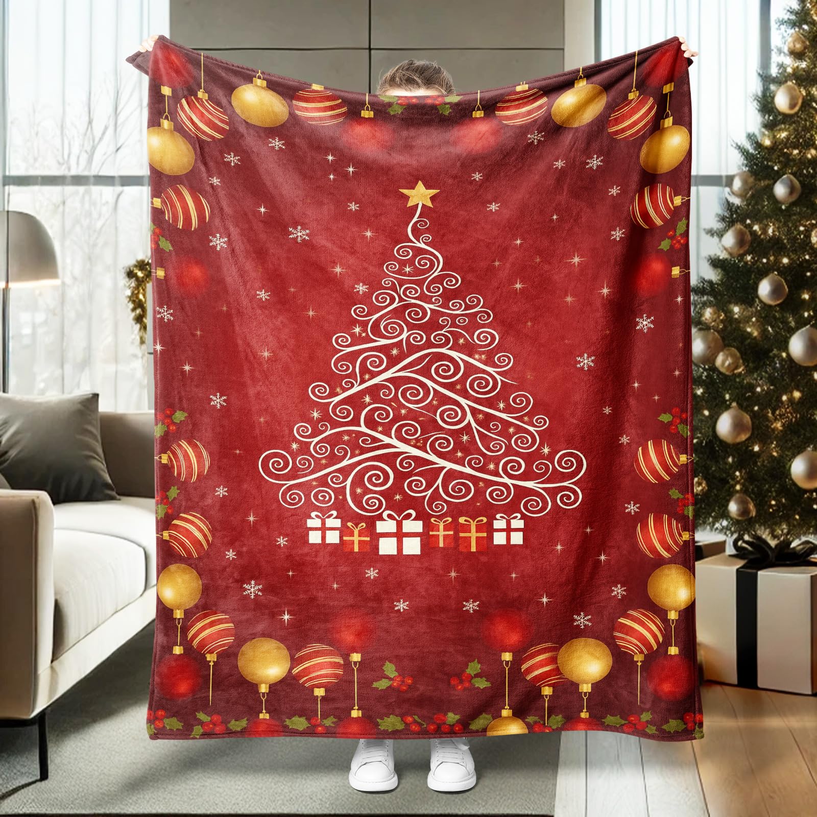 Manta Inviernos Adornos Navideños Festivos para Árbol De Navidad, Regalos De Peluche Rojo Cálida Manta Decorativa Multiusos Colcha Sofa para Mujeres Viajes Sofá M