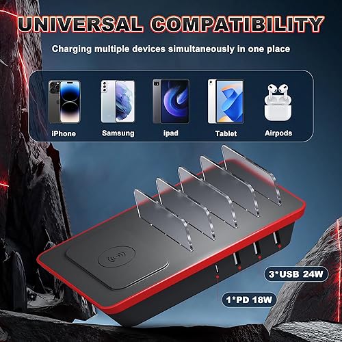 Miniatura 6 de Estación de carga para múltiples dispositivos, estación de carga de 4 puertos de 85 W con potentes puertos USB C PD de 18 W, cargador inalámbrico QI