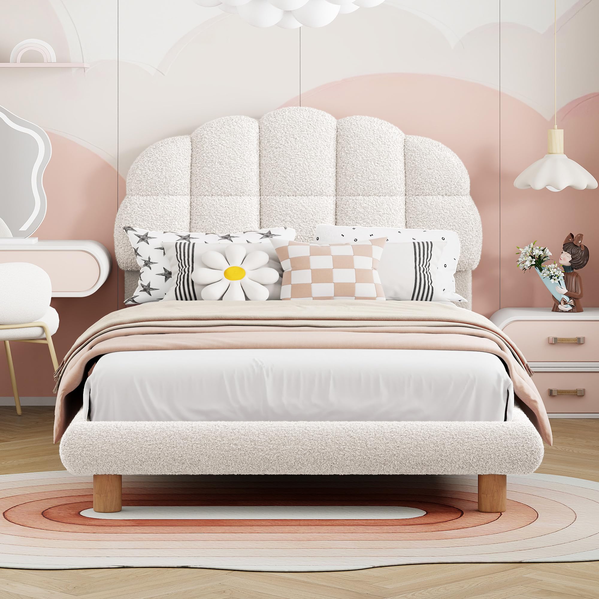 Mädchen Kinderbett 90x200cm mit Verstellbares Kopfteil, Einzelbett Polsterbett Bettgestell mit Lattenrost aus Holz, Einfache Montage, Kreisvlies, Ohne Matratze