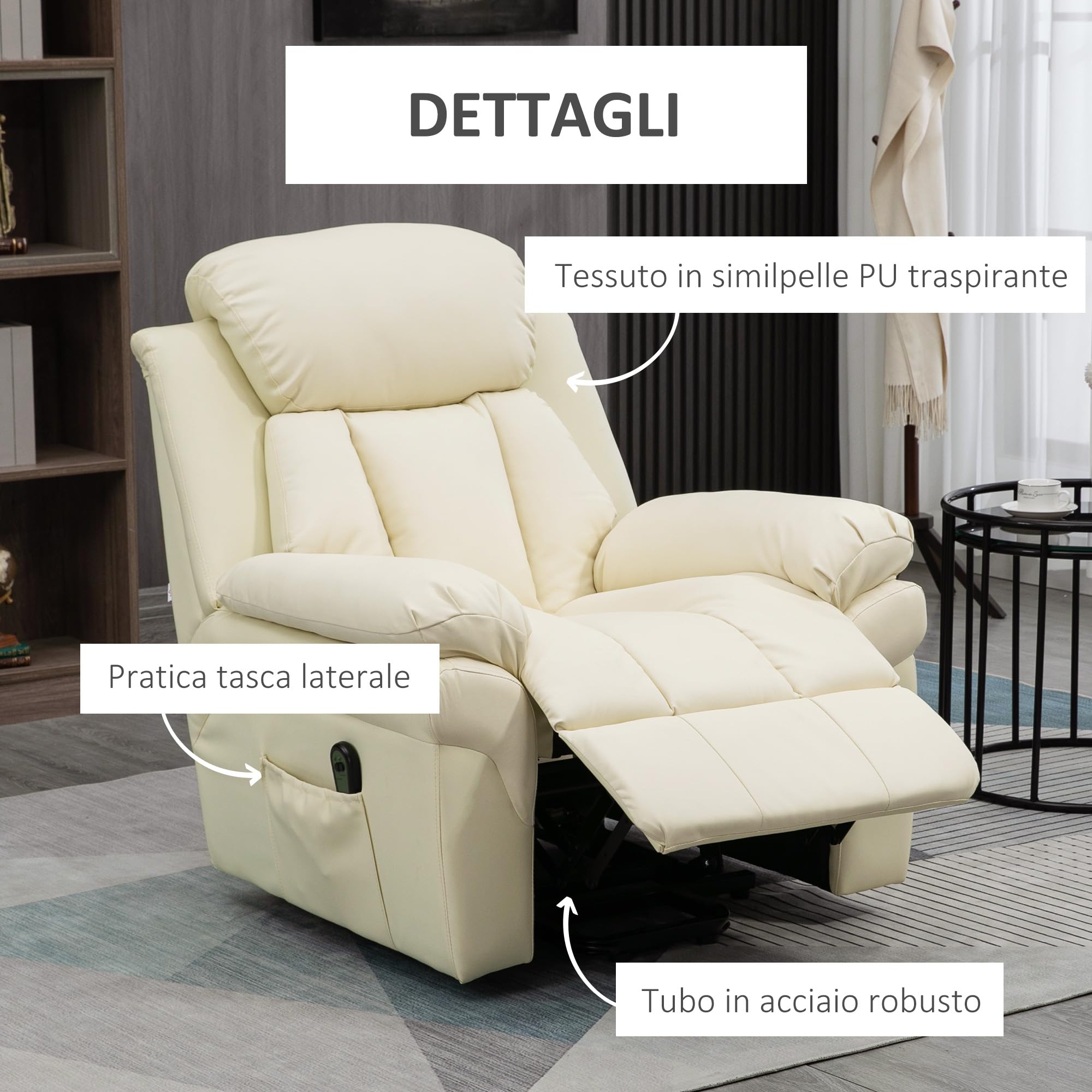 HOMCOM Poltrona Reclinabile Alzapersona Elettrica, Poltrona Relax con Imbottitura Spessa e Telecomando, 96x93x105 cm, Crema