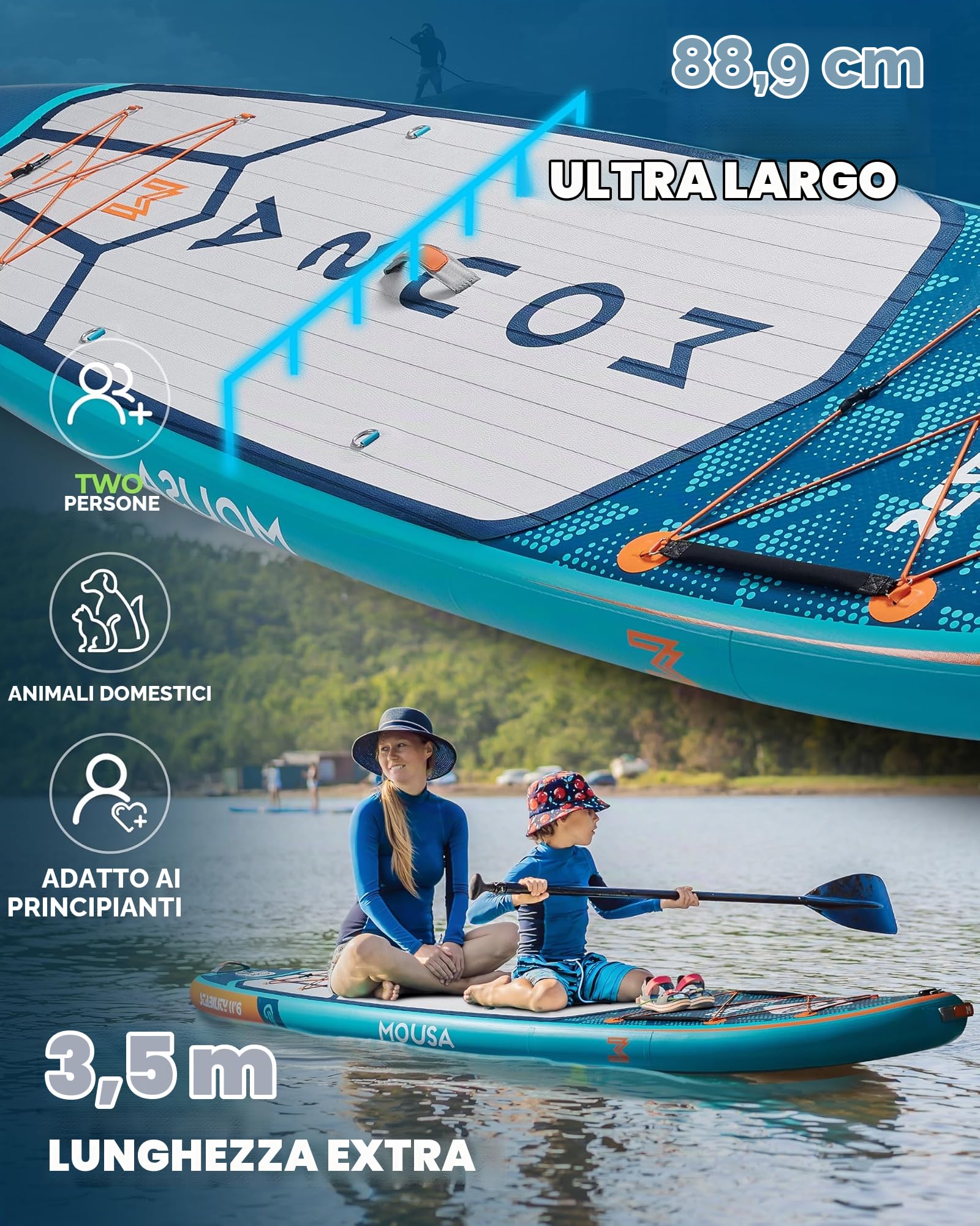 MOUSA Tavola da stand up paddle gonfiabile extra larga per adulti, stabile e lunga SUP per 2 persone/famiglia, tracolla, 5 manici, zaino da 100 l, tavola da paddle completa, 3 pinne rimovibili