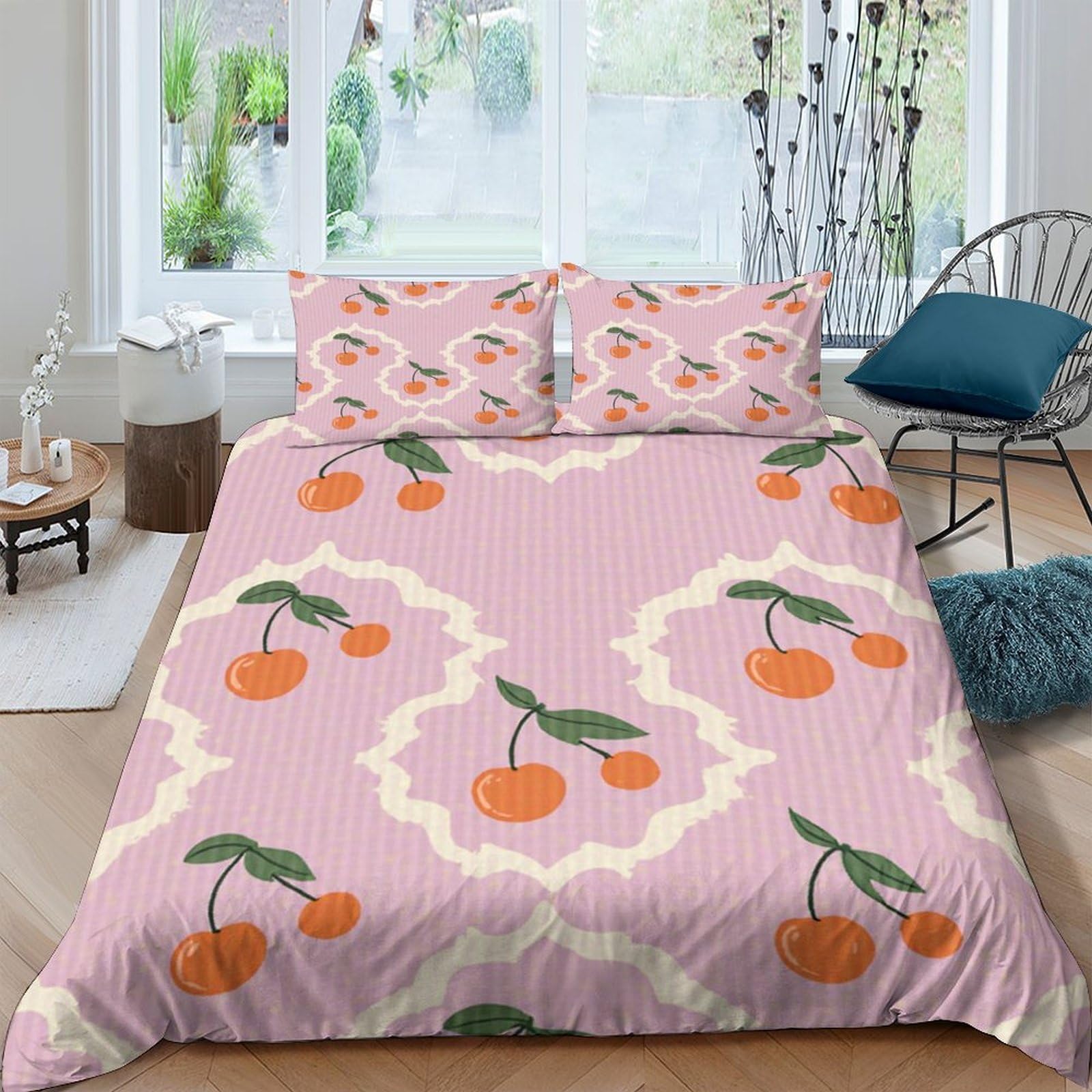 GPLZQXKJNH 3D Printed Cherry Pattern Duvet Cover Microfiber Soft Pink Fruit Bedding Set with 2 Pillowcases for Bedroom Decor Single（135x200cm）