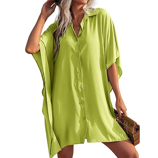 Ekouaer Plus Size Beach Coverups for Women Bathing Suit Coverups Dress Bikini Beach Tunic Top,Fluorescent Green