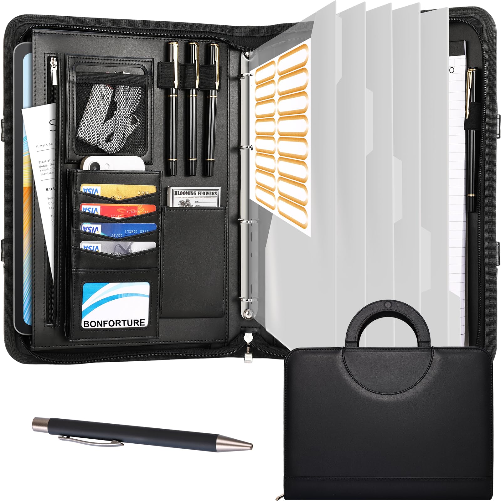 Porte Document A4 Cuir PU avec 5 Intercalaires, Portefeuille Portfolio Organiseur Bureau Noir