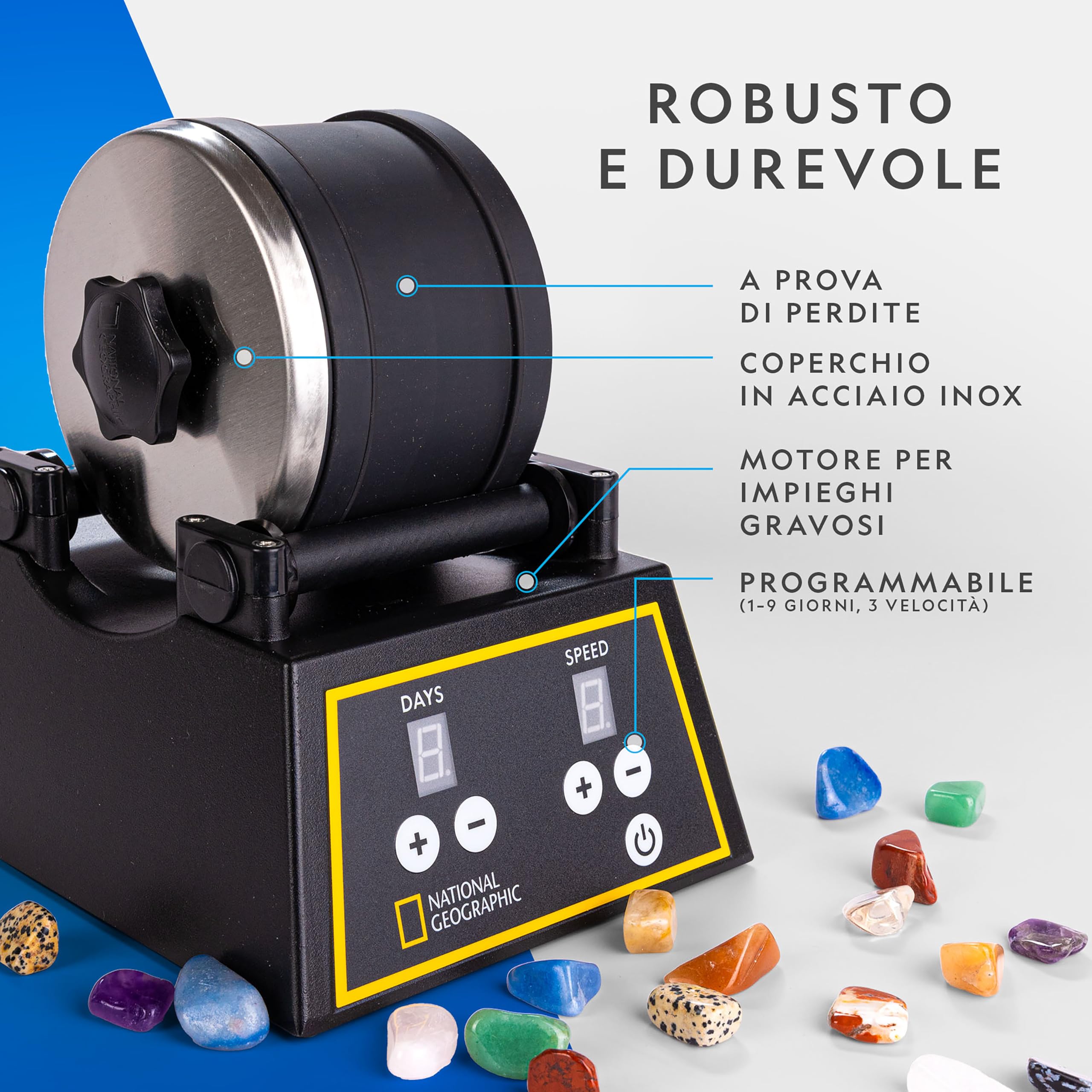 NATIONAL GEOGRAPHIC – Kit Professionale per la Levigatura delle Pietre – Kit Completo con Barile da 907 g, Pietre, Abrasivi e Spugna Lucidante GemFoam, Kit Scientifico Educativo STEM