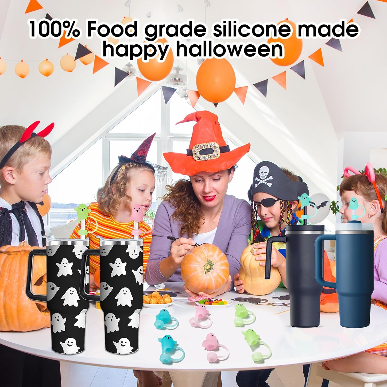 6-Pack Halloween Ghost Silicone Straw Toppers Covers, 10mm/0.4In Luminous Cute Design Straw Cap for Stanley Cup 20&30 & 40 oz Tumblers-Funny Tumbler Accessories for Halloween Decorations & Gifts - Image 9