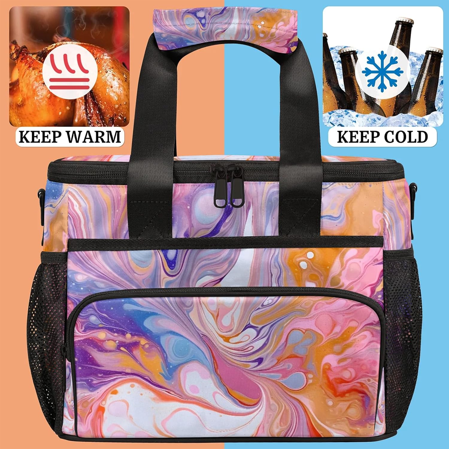 Rainbow Insulated Picnic Backpack Lunch Box for Women Men Picnic Basket Tote Lunch Bag Picnic Bag Portable Lunch Bags for Picnic, Beach, Work, Trip,Office, Camp Marble Texture