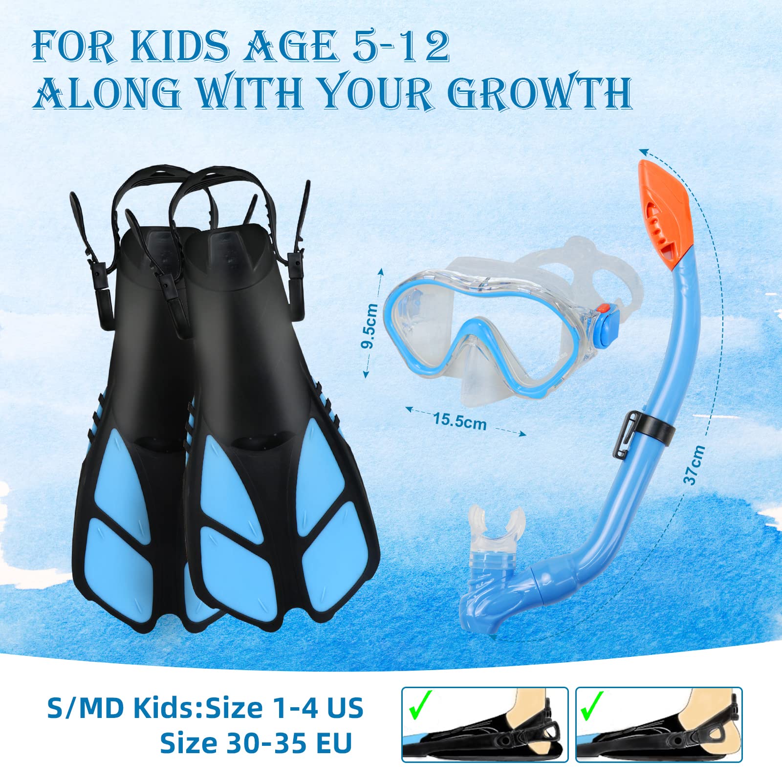 Set da snorkeling per bambini, pinne regolabili + maschera panoramica + tubo da snorkeling asciutto + borse da viaggio - adatto per bambini e ragazzi, età 5-14 anni