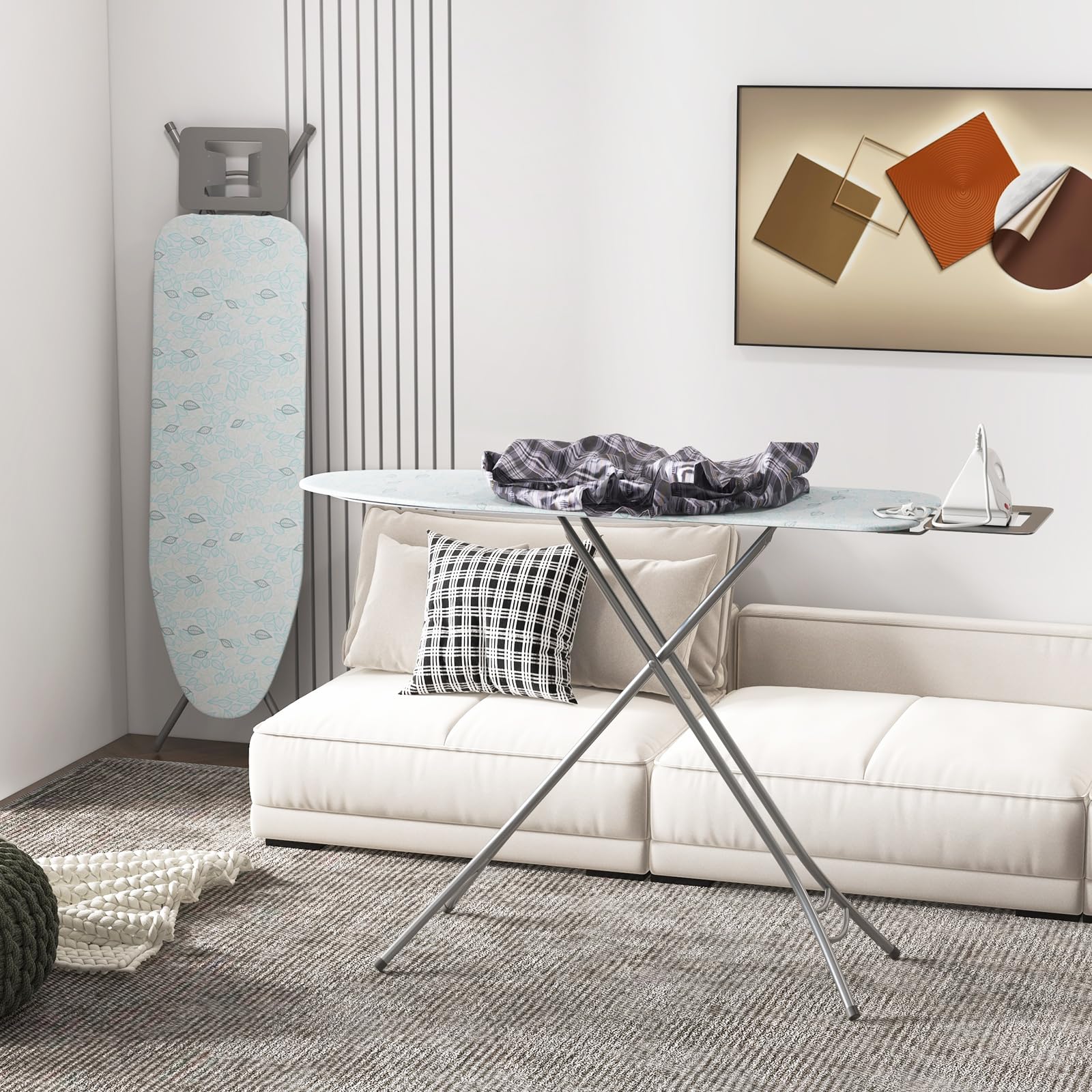 COSTWAY Ironing Board Full Size, Foldable Iron Table w/Iron Rest, Height Adjustable, Removable Cover, Heavy-Duty Metal, Compact and Space Saver Iron Board for Living Room, Laundry (Turquoise Leaves)