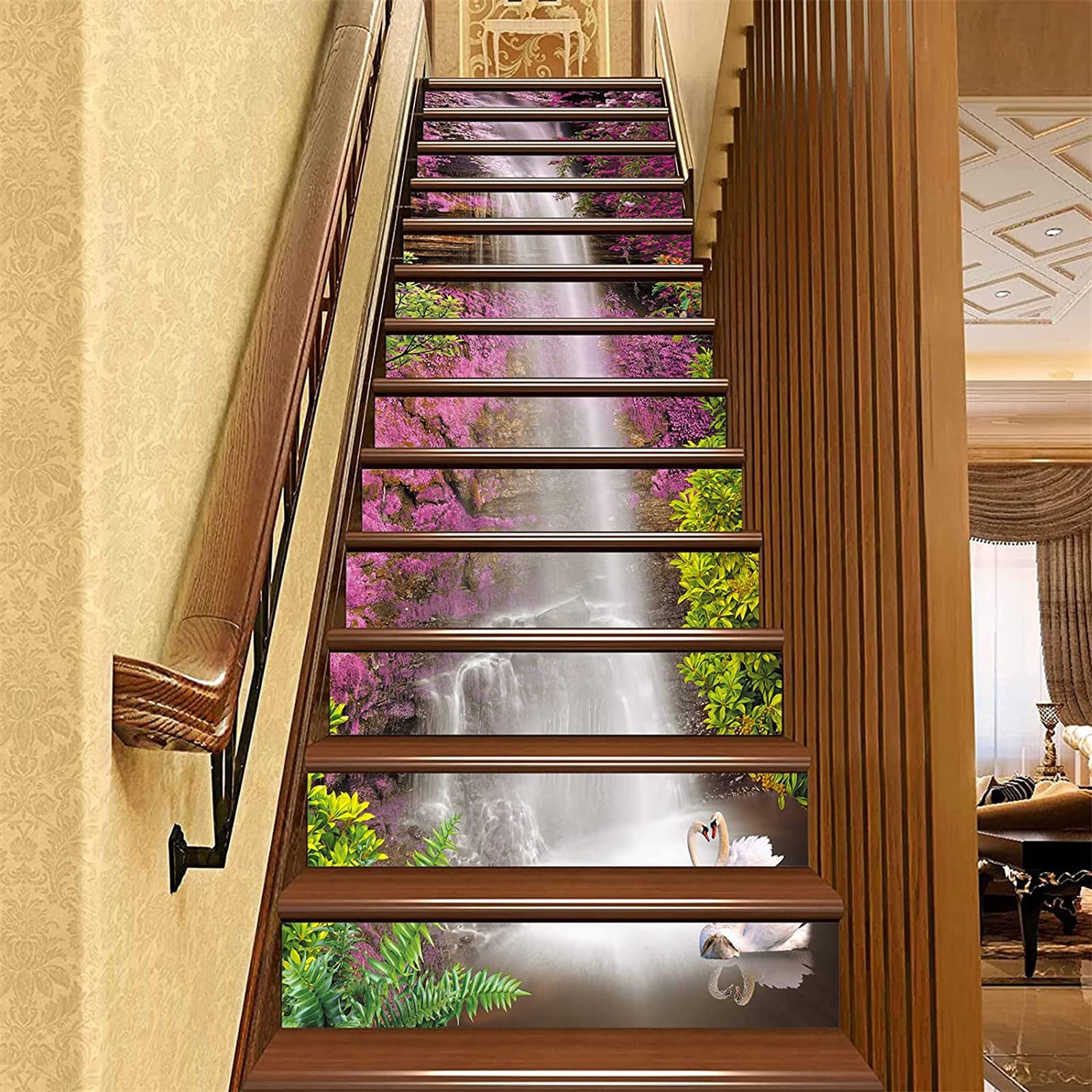 FLFK3D Purple Flowers Waterfall Self-Adhesive Staircase Stickers Removable Stair Riser Stickers for Home Decoration 39.3"W x7"H x13Pcs