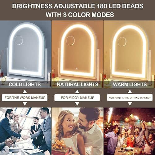 Lighted Makeup Mirror, Hollywood Vanity Mirror with Lights, Three Color Lighting Modes, and Detachable 10X Magnification Mirror, Smart Touch Control, 360°Rotation (15.2in. Curved)(Black,15.2"L x 13"W)