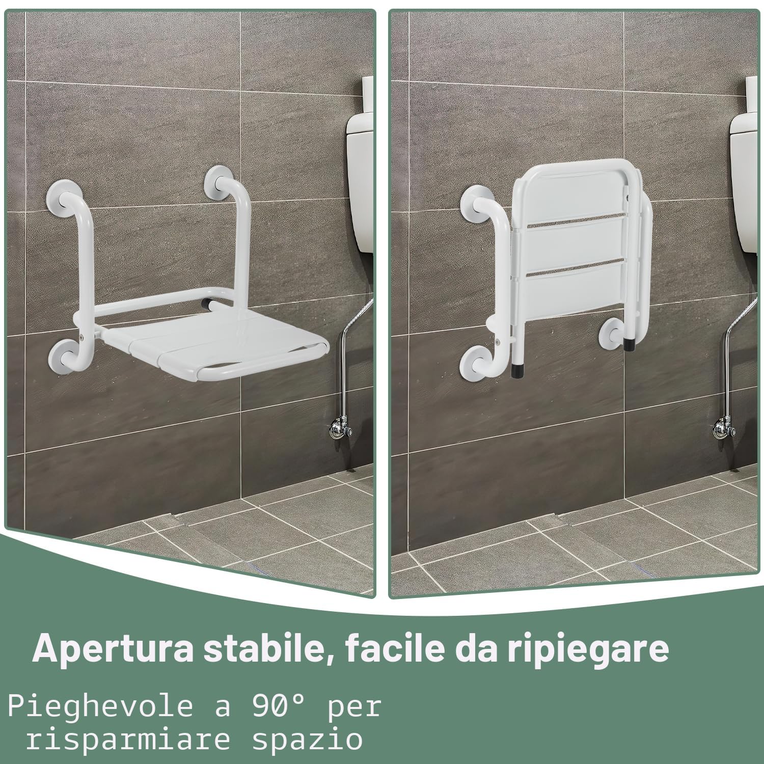 Randaco Sedia pieghevole da doccia per montaggio a parete, pieghevole a 90°, montaggio a parete, con braccioli e antiscivolo, fino a 120 kg, per anziani