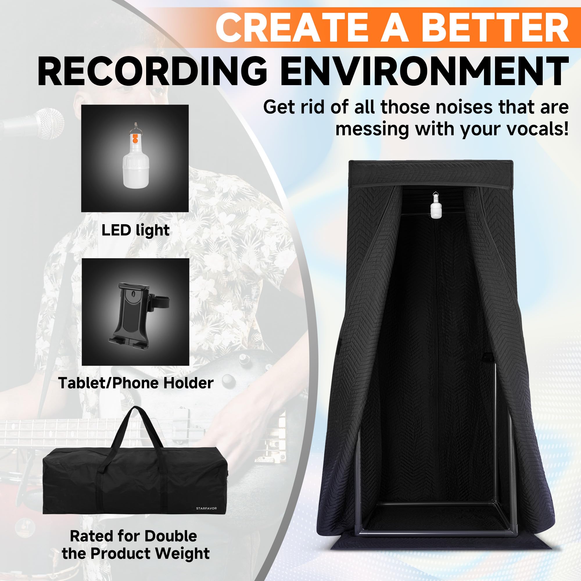 Starfavor Portable Vocal Booth - Sound Booth for Recording Echo-Free Vocals, Double-layer 360 Reverb Stand-In Isolation Shield, Pro-Sound Blankets, Portable Recording Studio with Travel Bag - Image 3