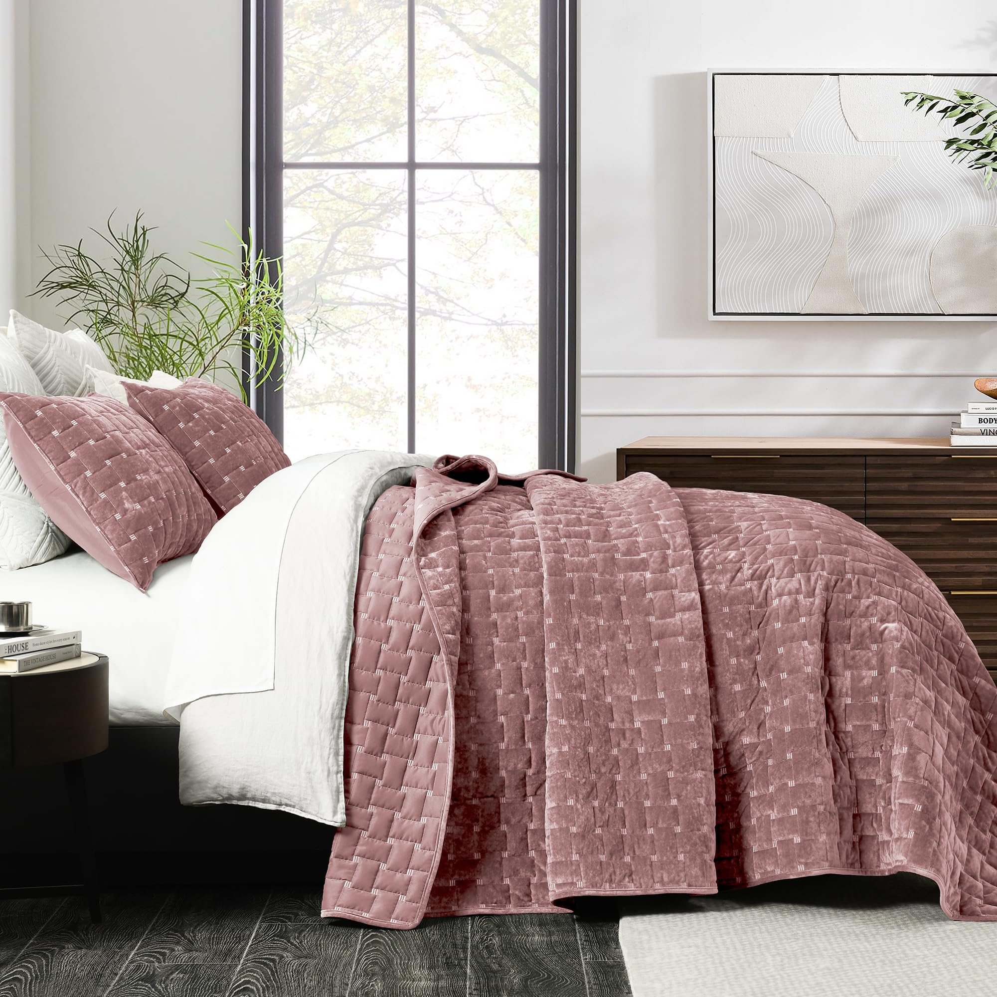 Grassix Velvet Quilt Set Queen Size, Luxury Geometric Design, Blush Pink