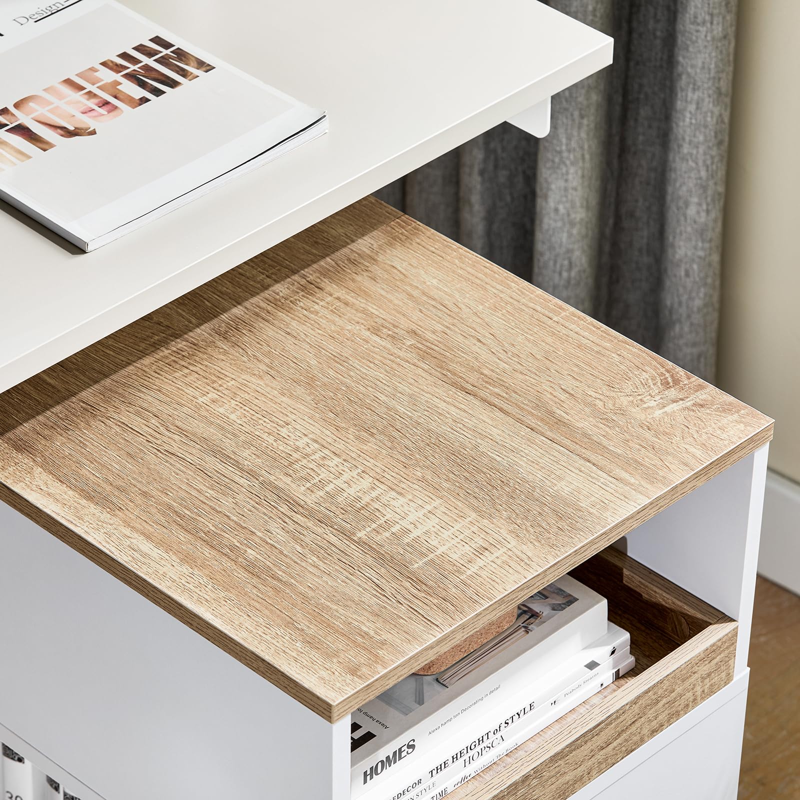 SoBuy Meuble Imprimante avec 3 Compartiments, roulettes Cachées 40x50x65cm | Support Imprimante avec Tiroir Amovible, Meuble de Rangement avec Espace de Stockage pour Bureau, Blanc-Nature, ASK08-WN