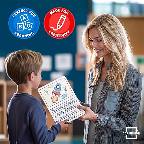 Miniatura 3 de Scribbledo Paquete de 10 pizarras blancas de doble cara de 9 x 12 pulgadas con forro de historias para niños, tablero de escritura para práctica,