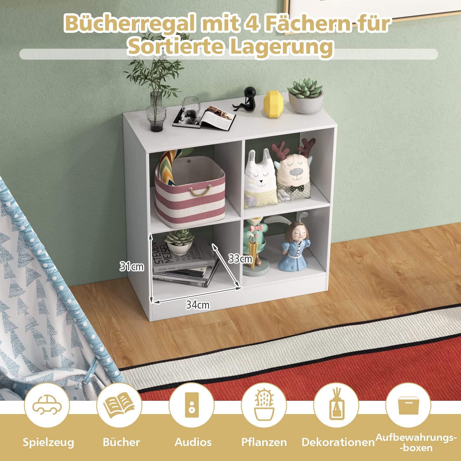 GOPLUS Boekenkast met 4 kubusvakken, staand rek, opbergrek voor kinderkamer en woonkamer, 73 x 33 x 73 cm (wit