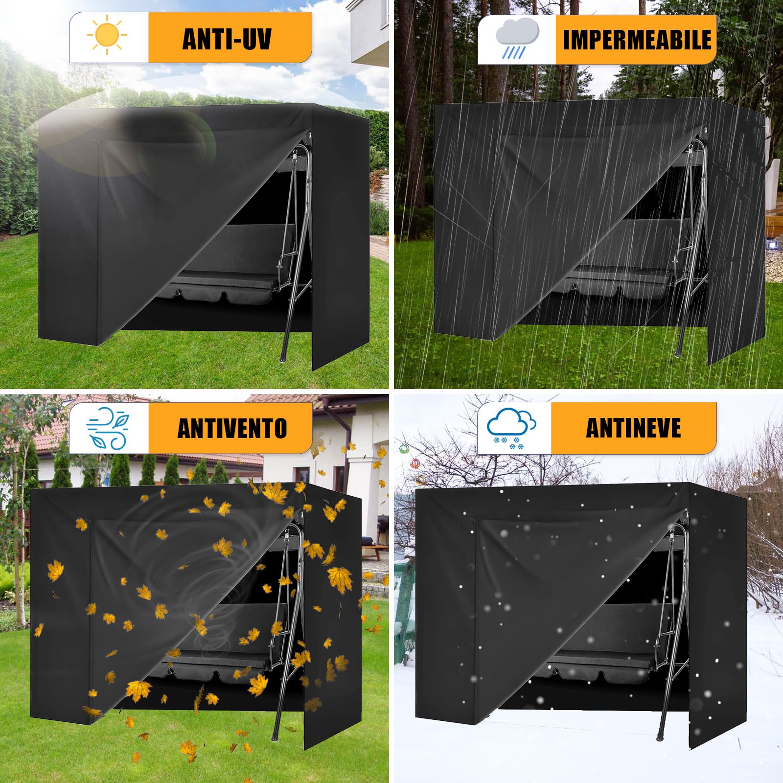 Copertura per Dondolo da Giardino Impermeabile, Copri Dondolo 3 Posti Esterno, Antivento, Crema solare, 600D Oxford per Tettuccio per Dondolo 3 Posti (Nero, 220x135x170cm)