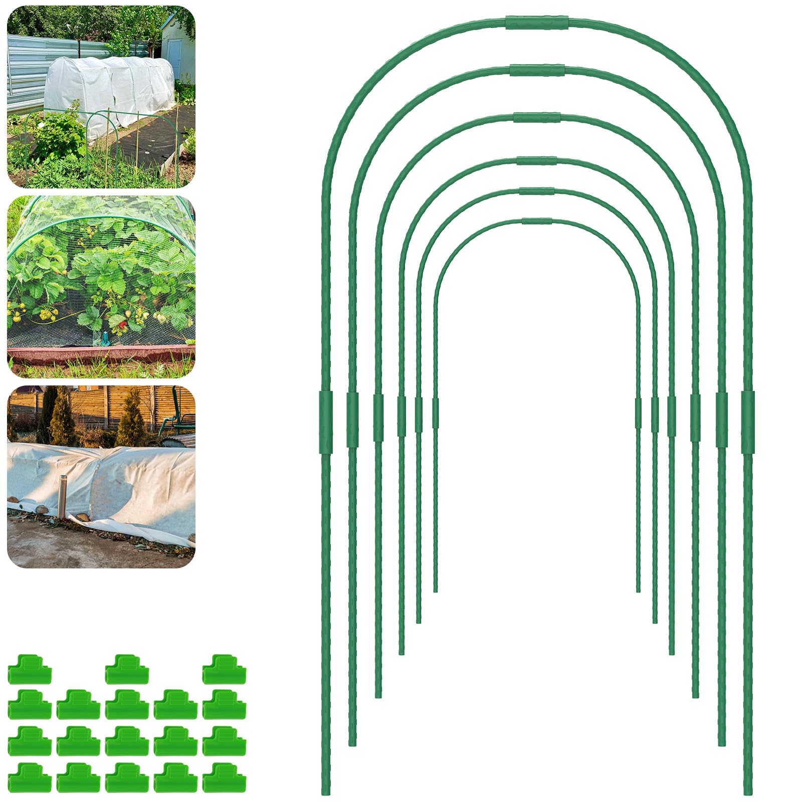 Alongen 60Pcs Garden Hoops For Netting Raised Bed,Greenhouse Hoops Frame Tunnel With 18Pcs Clamps, Durable Diy Garden Hoops Plastic Coated Plant Grow Support Hoop For Veg Plant Crop Fruit Tomato Strawberry