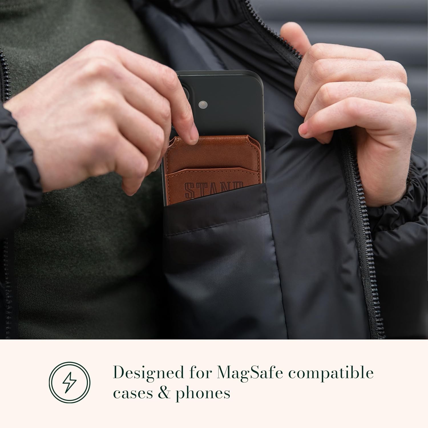 Christian Art Gifts Magnetic Phone Wallet, Stand Firm Bible Verse, Honey Brown Faux Leather, MagSafe Wallet Stand, Snap Closure, 3.9" x 2.5"