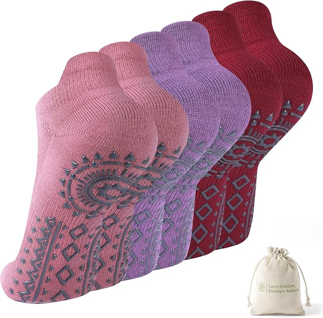 BISOUSOX Calcetines de Yoga con Bolsa Mujer Calcetines de Pilates Cortos Antideslizantes Transpirable Algodon Gimnasio Barra Fitness Regalo para Mujer Madre Embarazada 3 Pares
