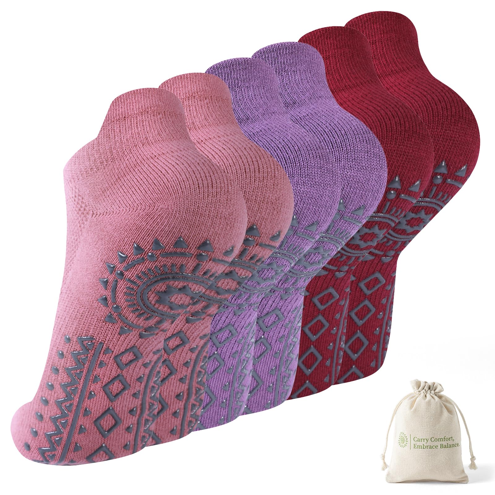 BISOUSOX Yoga Socks with Bag Women Pilates Socks Short Non-Slip Breathable Cotton Gym Bar Fitness Gift for Women Pregnant Mother 3 Pairs — view 8