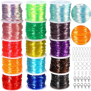KAMJUNTAR Craft Kit, 15 Rolls Glitter & Laser Lanyard String for Friendship Bracelets, Jewelry Making, Keychain, DIY Crafts