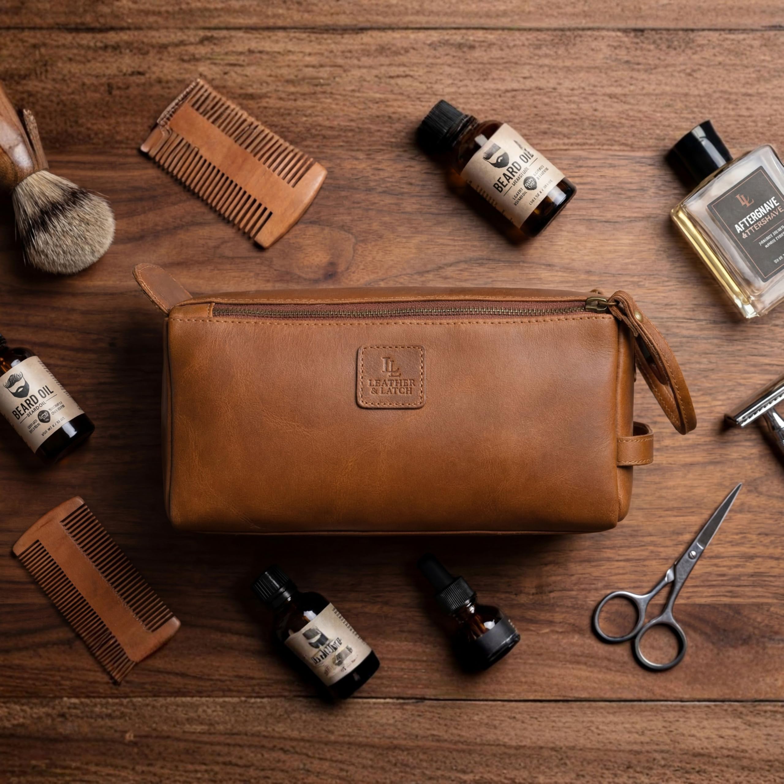 Leather & latch Beauty case unisex in pelle vintage di alta qualità, kit da viaggio per rasatura e cosmetici, organizer per uomini e donne (marrone cognac)