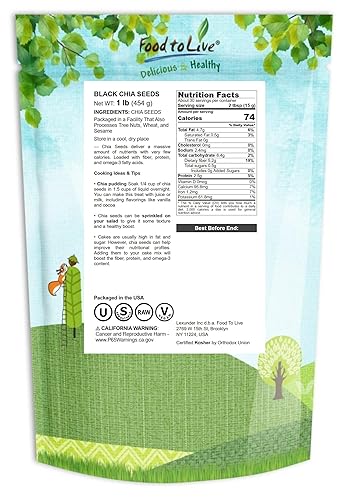 Miniatura 13 de Food to Live - Semillas de chía negra, 2 libras - Enteras, germinables, veganas, kosher, keto, comida para sirtfood, a granel. Ricas en ácidos