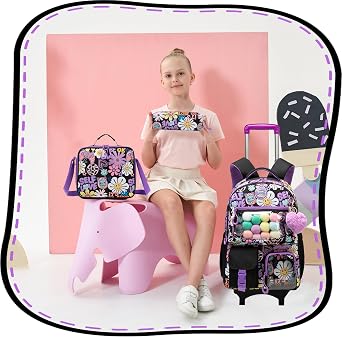 Rolling Backpack for Girls Kids Backpack with Wheels Backpacks for Elementary with Lunch Box Trolley Luggage