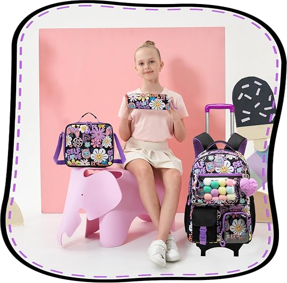 Rolling Backpack for Girls Kids Backpack with Wheels Backpacks for Elementary with Lunch Box Trolley Luggage